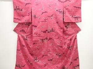 雲に草花模様上代紬着物